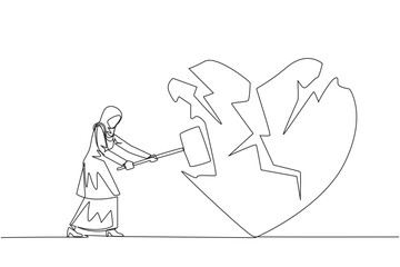 Single continuous line drawing Arabian businesswoman preparing to hit the big heart. Broken heart. Loss of concentration. Emotional feeling. No direction. Angry. One line design vector illustration