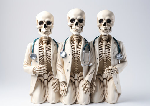 skeletons with doctor stethoscope on white background. High quality photo