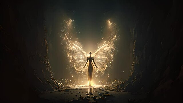 Lone silhouetted winged angelic figure with darkness illuminated by the light of the divine. Created with Generative AI.