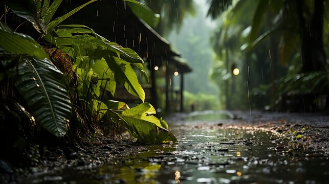 Heavy Tropical Rain Falls Green Area , Wallpaper Pictures, Background Hd