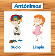 Sucio and Limpia: Antonym Word Card in Spanish means dirty and clean