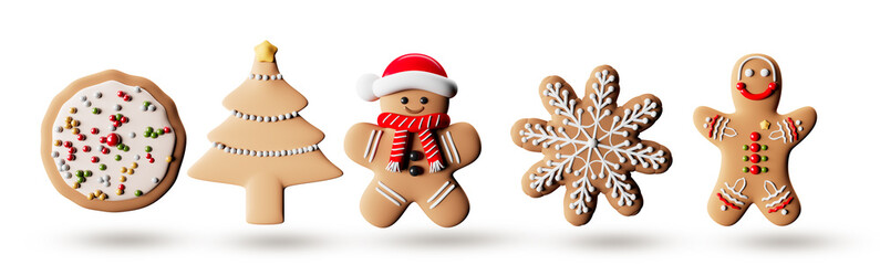 Many assorted different design of cookie christmas snowflake star santa man tree cookie biscuit on transparent background cutout. PNG file.