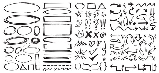 Grunge charcoal doodles scribbles, emphasis lines and arrows, circles and squares. hand drawn crayon or marker scrawls and shapes vector elements