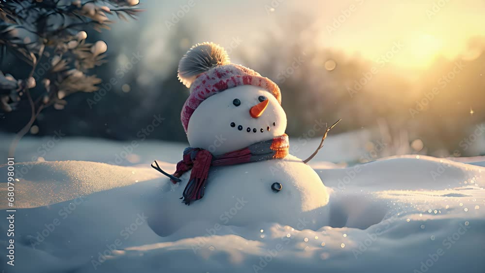 Wall mural happy snowman in the snow. created with generative ai.