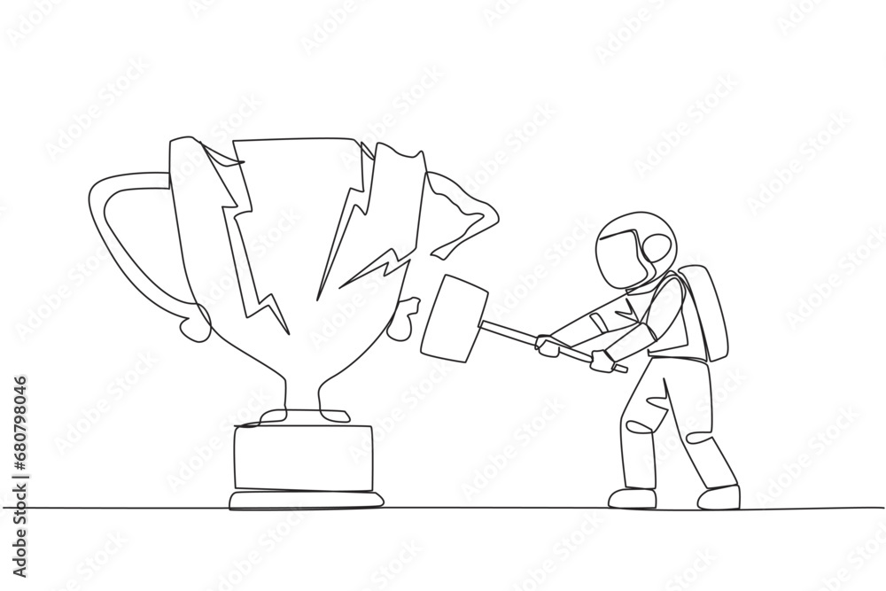 Poster single continuous line drawing young astronaut preparing to hit the big trophy. rampage. expressing 