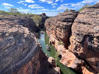 Aerial view of Australian tourists on eco tour crusing in Cobbold Gorge Queensland Australia