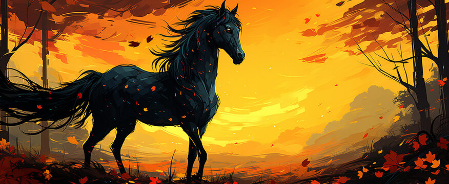 Blue and Yellow Night Forest Horse High quality photo
