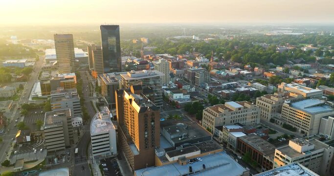 Downtown district of Lexington in Kentucky, USA with high office buildings at sunset. American travel destination.