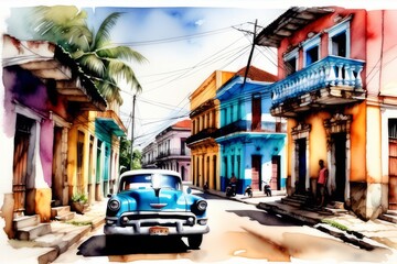 Fototapeta na wymiar Cuba com seus carros antigos e casa coloridas, (gerado com ia)