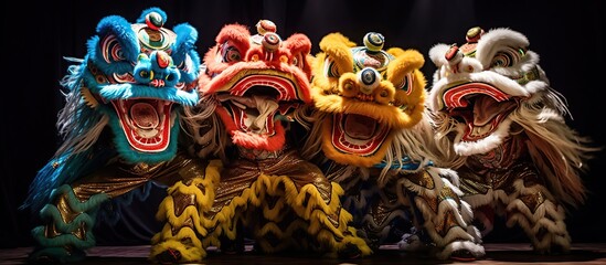 photo of a lion dance during Chinese New Year celebrations, lion dance ready to perform the dance at Little China