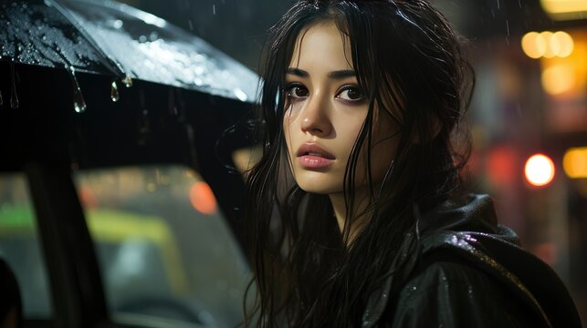 Asian Woman Driving Alone Night Raining , Wallpaper Pictures, Background Hd