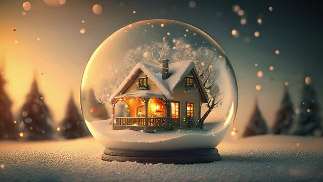 snow covered house inside a glass sphere. Created with Generative AI.	
