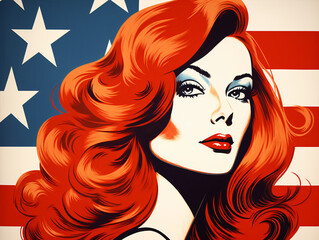 A woman with red hair in front of an american flag flat design vector illustration