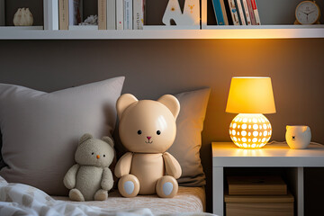 Children bedroom in bright light colors with a bookshelf and a teddy bear