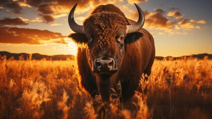 Bison Standing Open Meadow Denver Skyline , Wallpaper Pictures, Background Hd - obrazy, fototapety, plakaty