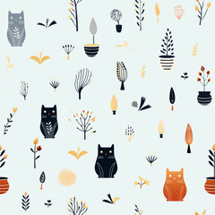 Cute seamless cat art decorated with potted plants.
