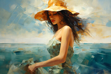 An impressionist oil painting of a woman wearing a hat and a green sundress - obrazy, fototapety, plakaty
