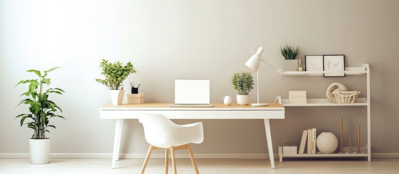 modern minimalist workspace in a clean white room