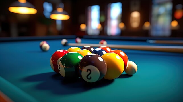 Billiard balls on a billiard table for competition and sport