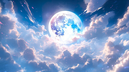 満月と雲のアニメ風イラスト - obrazy, fototapety, plakaty