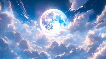 Papier Peint photo Lavable Pleine lune 満月と雲のアニメ風イラスト