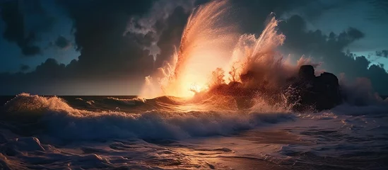 Fototapeten big waves with lightning flashes at night © Beny