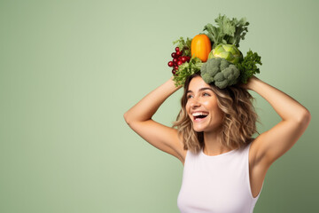 Éclat de Santé: Femme et sa Couronne Nutritive de Légumes Verts - 680803036