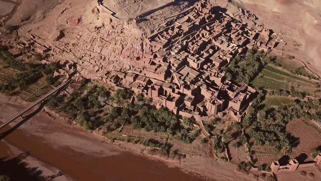 Aerial top view on Kasbah Ait Ben Haddou in the Atlas Mountains, Morocco, 4k