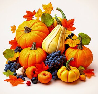 Digital AI creates seasonal snapshot: 3d style autumn leaves, pumpkins, and fruits dance together in a picturesque arrangement.