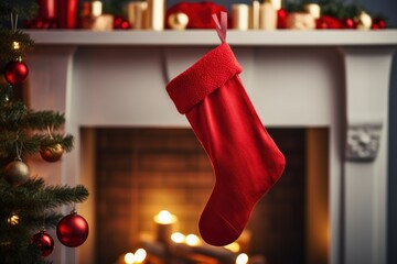 red sock hang on fireplace at living room