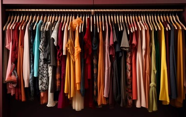 photos of men's clothes on cupboard hangers, and neatly arranged. generative ai