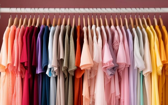 photos of women's clothes on cupboard hangers, and neatly arranged. generative ai