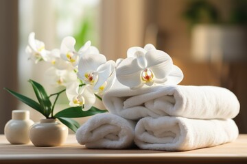 Fototapeta na wymiar spa composition towels on massage table in wellness 