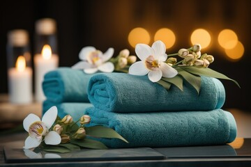 Obraz na płótnie Canvas spa composition towels on massage table in wellness 