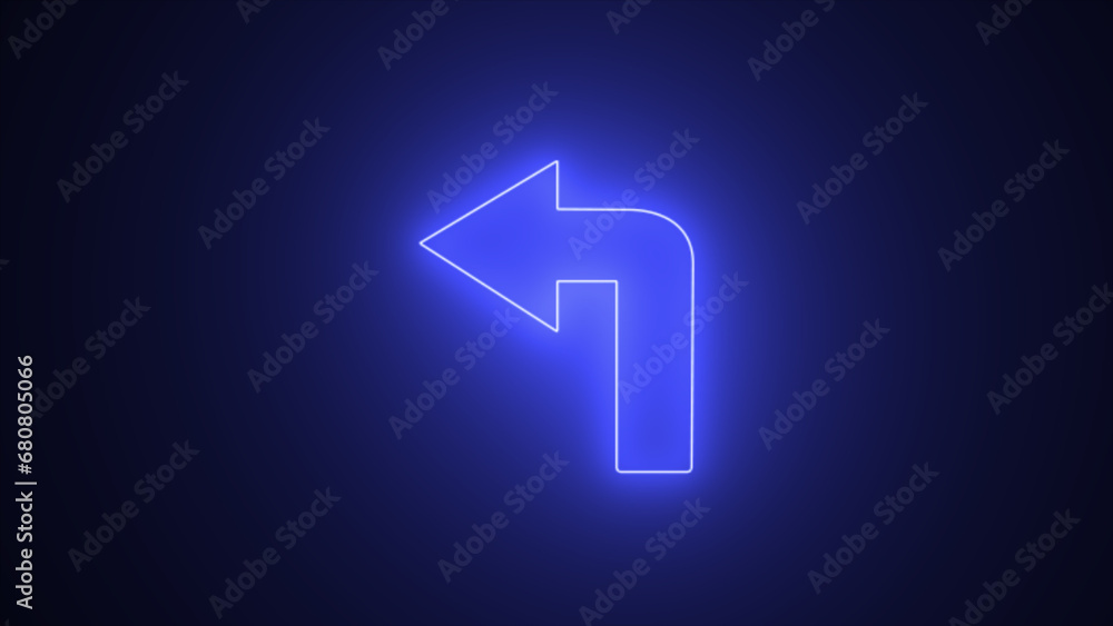 Poster blue color arrow points to the left. flashing neon icon to the left arrow. left neon arrow. glowing 
