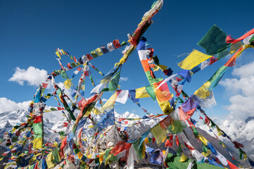 Prayer flags pole on the top of Tsergo Ri (4,990m) the high point on the Langtang valley trek of...