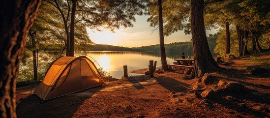 camping with a tent on the lake bank in early morning. morning sunlight touches against forest hill