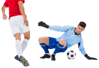 Digital png photo of caucasian male soccer players playing on transparent background