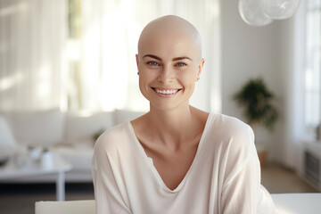 bald young woman smiling looking at the camera - obrazy, fototapety, plakaty