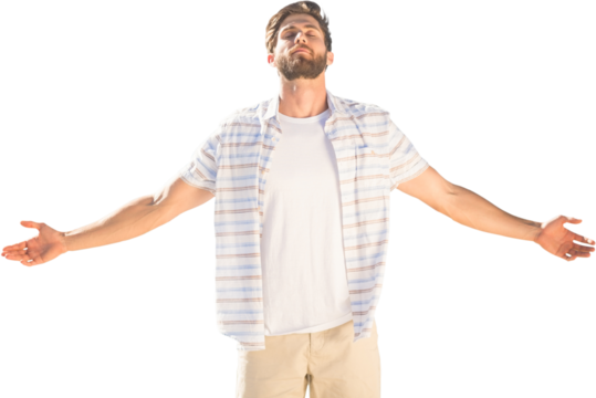 Digital png photo of focused caucasian man with closed eyes and open arms on transparent background - Powered by Adobe