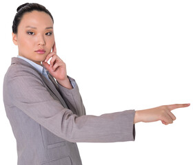 Digital png photo of asian businesswoman hand on face pointing with finger on transparent background