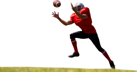 Digital png photo of african american male football player catching ball on transparent background