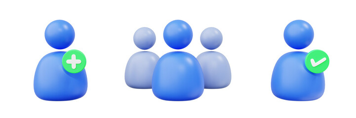 3D profile or account user icon. Add icon, and teamwork icon concept design set