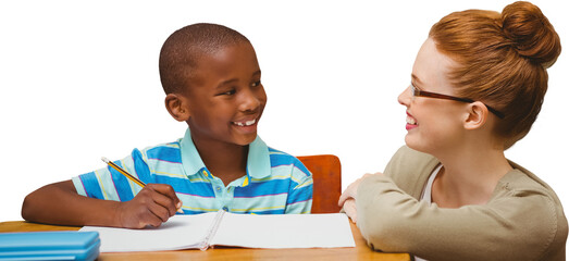 Digital png photo of happy diverse teacher and pupil looking at each other on transparent background