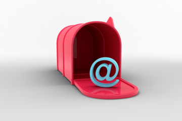 Digital png illustration of at symbol in open pink mailbox on transparent background