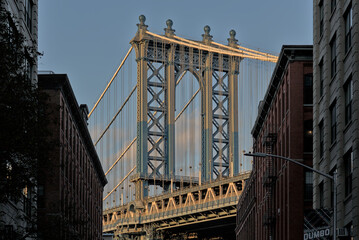 manhattan bridge view from dumbo (over the hudson river to brooklyn, new york) nyc skyline, tourism...