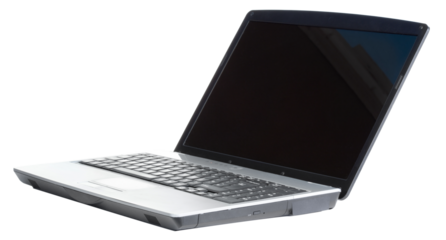 Digital png illustration of silver and black laptop with copy space on transparent background