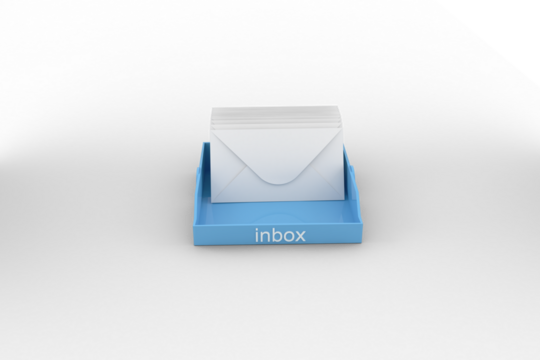Digital png illustration of inbox text on box and envelopes, copy space on transparent background