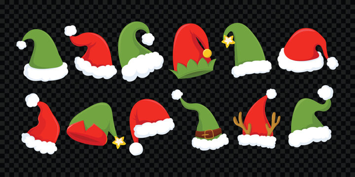 Realistic christmas santa claus hats isolated vector set