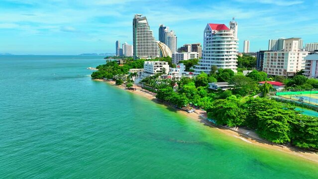 Pattaya Beach's scenic aerial perspective showcases its captivating blend of natural beauty and vibrant culture, making it a must-visit destination in Thailand. Beach Bliss: World's Best Destination.
